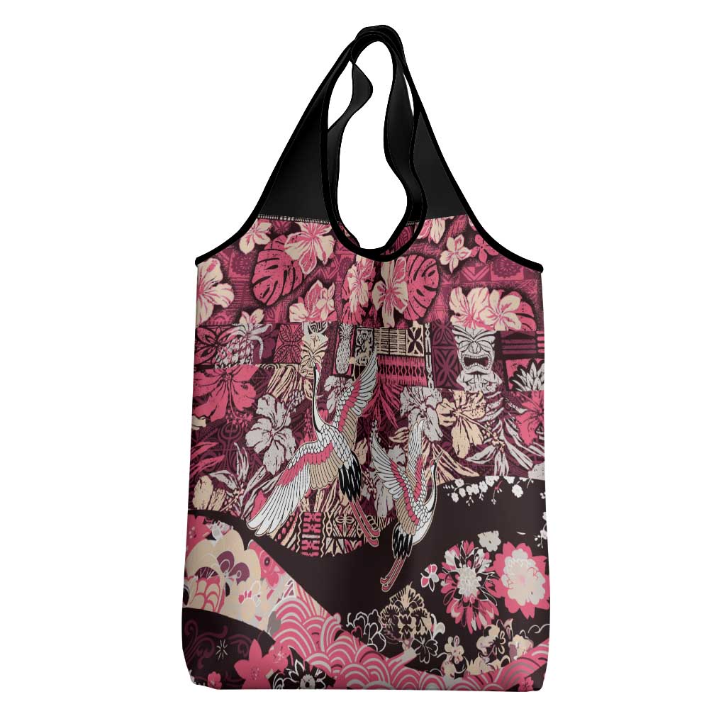Japanese Hawaiian Crane Grocery Bag Soft Pink Tapa Patchwork Pattern