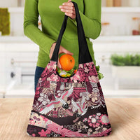 Japanese Hawaiian Crane Grocery Bag Soft Pink Tapa Patchwork Pattern
