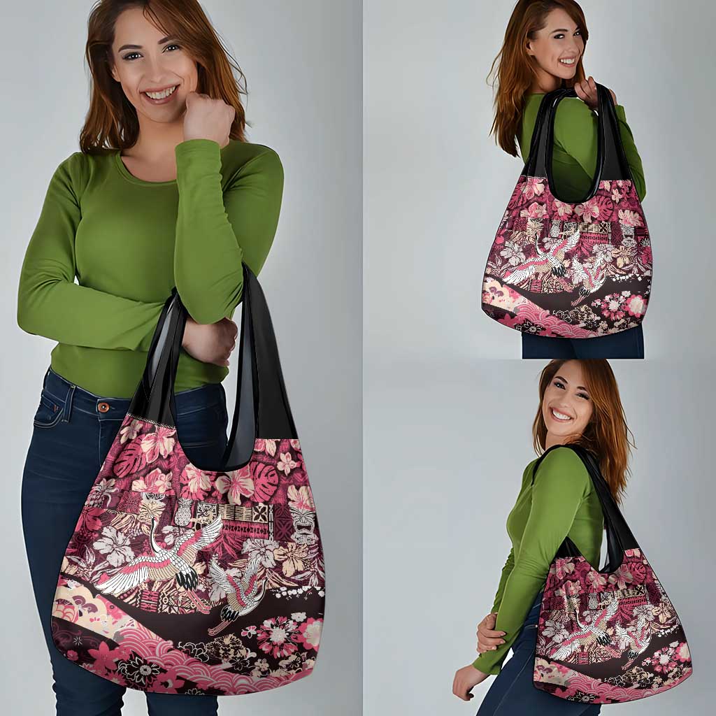 Japanese Hawaiian Crane Grocery Bag Soft Pink Tapa Patchwork Pattern