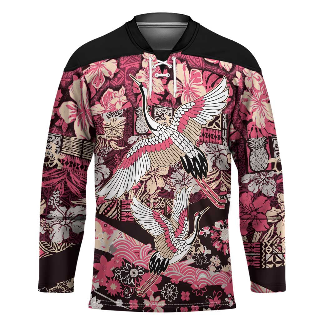 Japanese Hawaiian Crane Hockey Jersey Soft Pink Tapa Patchwork Pattern LT9 Unisex Pink - Polynesian Pride