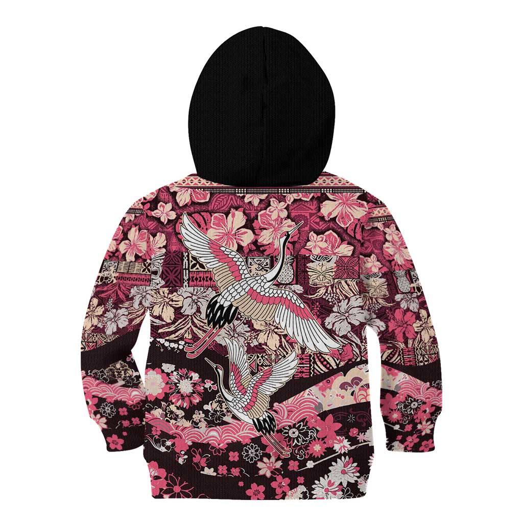 Japanese Hawaiian Crane Kid Hoodie Soft Pink Tapa Patchwork Pattern LT9 - Polynesian Pride
