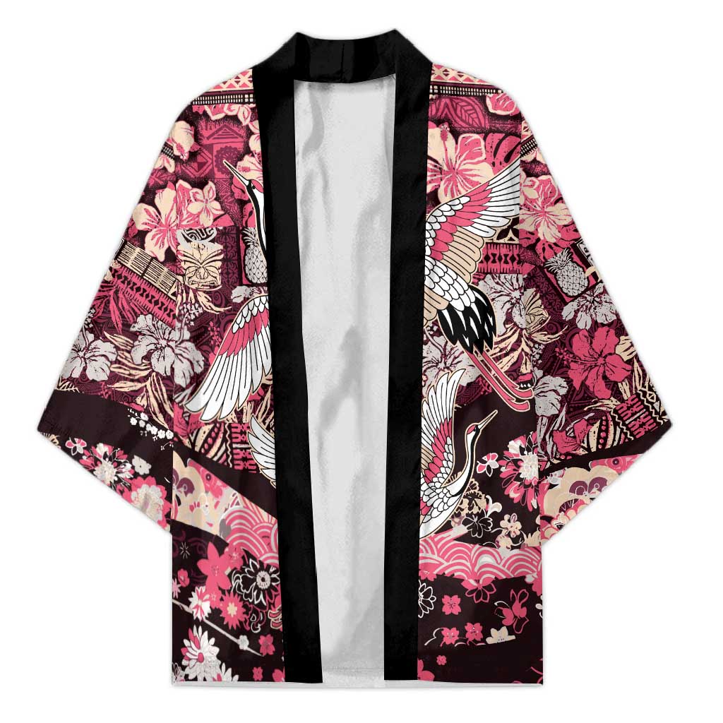 Japanese Hawaiian Crane Kimono Soft Pink Tapa Patchwork Pattern LT9 Unisex Pink - Polynesian Pride