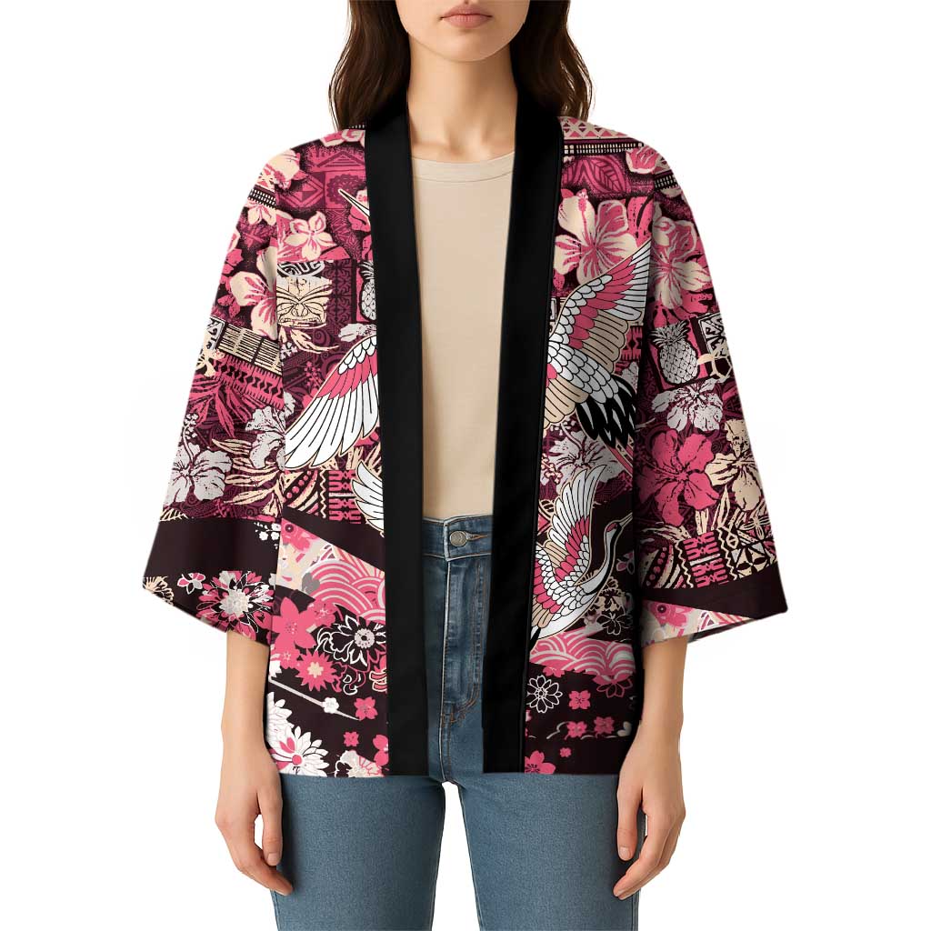 Japanese Hawaiian Crane Kimono Soft Pink Tapa Patchwork Pattern LT9 - Polynesian Pride