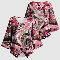 Japanese Hawaiian Crane Kimono Sleeve Blouse Soft Pink Tapa Patchwork Pattern