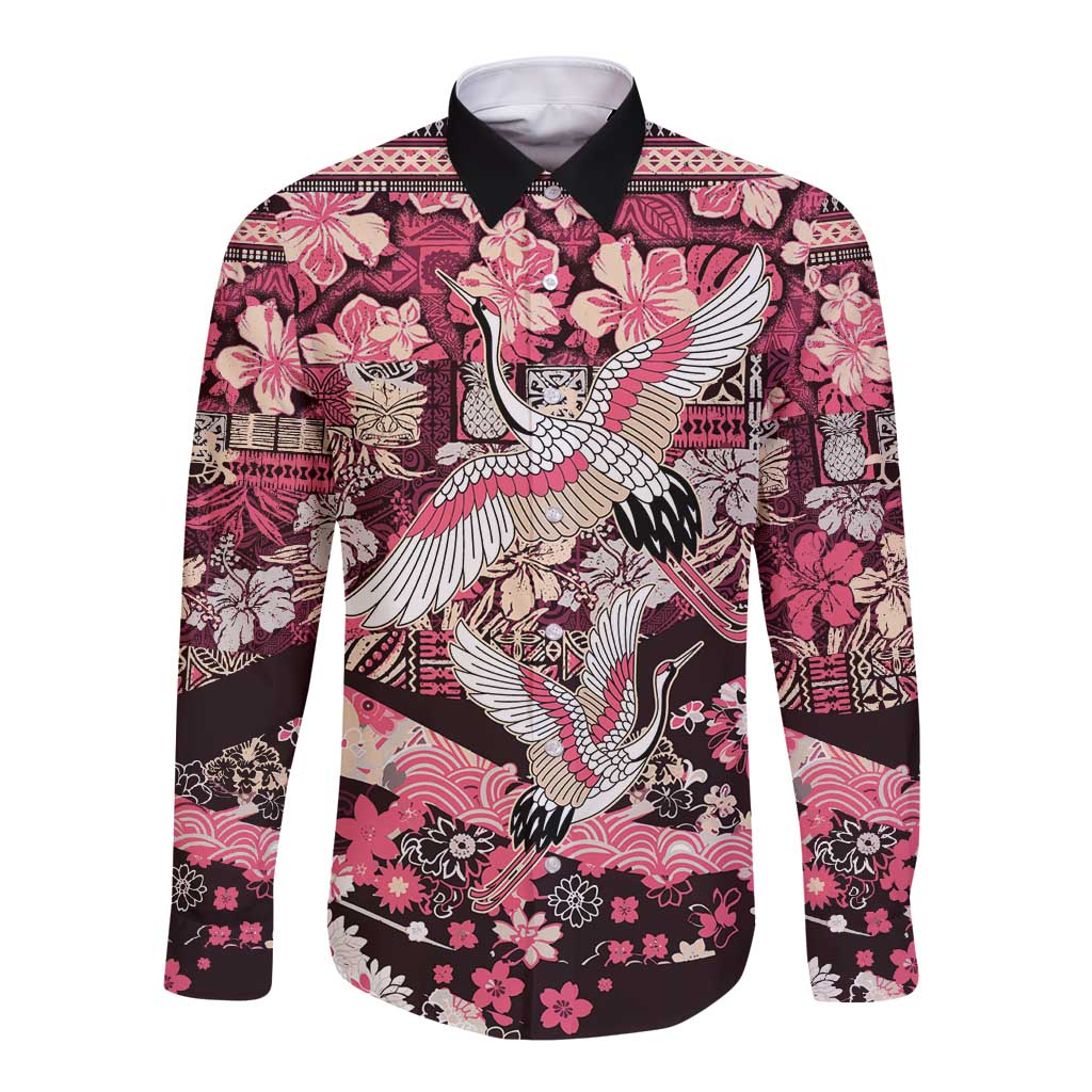 Japanese Hawaiian Crane Long Sleeve Button Shirt Soft Pink Tapa Patchwork Pattern