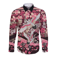 Japanese Hawaiian Crane Long Sleeve Button Shirt Soft Pink Tapa Patchwork Pattern