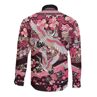 Japanese Hawaiian Crane Long Sleeve Button Shirt Soft Pink Tapa Patchwork Pattern