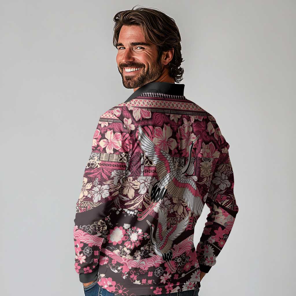Japanese Hawaiian Crane Long Sleeve Polo Shirt Soft Pink Tapa Patchwork Pattern