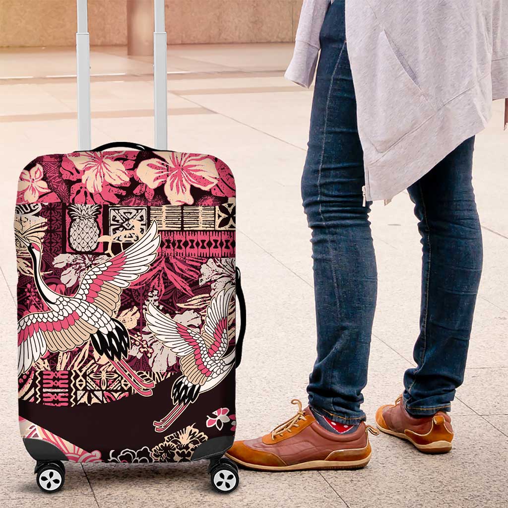 Japanese Hawaiian Crane Luggage Cover Soft Pink Tapa Patchwork Pattern LT9 Pink - Polynesian Pride