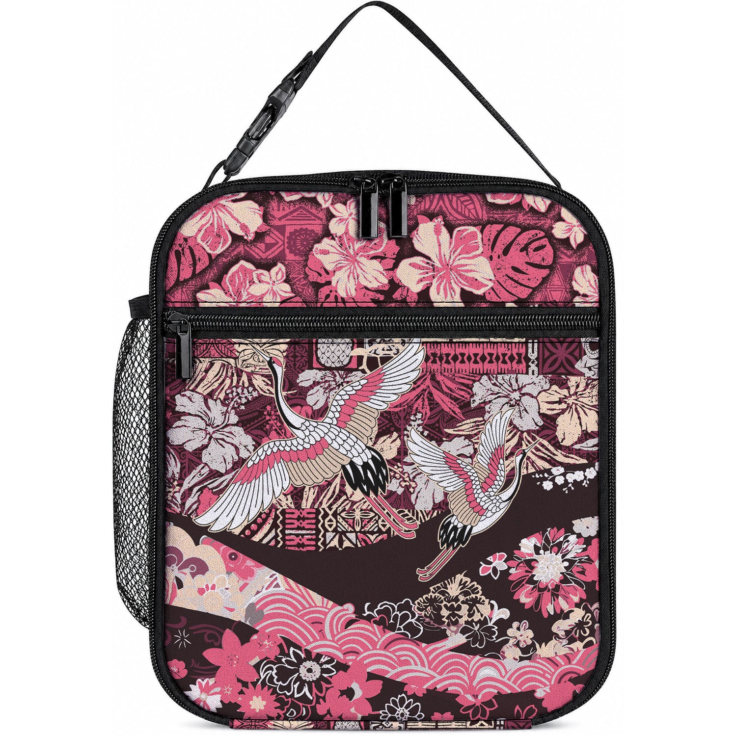 Japanese Hawaiian Crane Lunch Bag Soft Pink Tapa Patchwork Pattern LT9 10.2 × 8.3 × 4.3 inch Blue - Polynesian Pride
