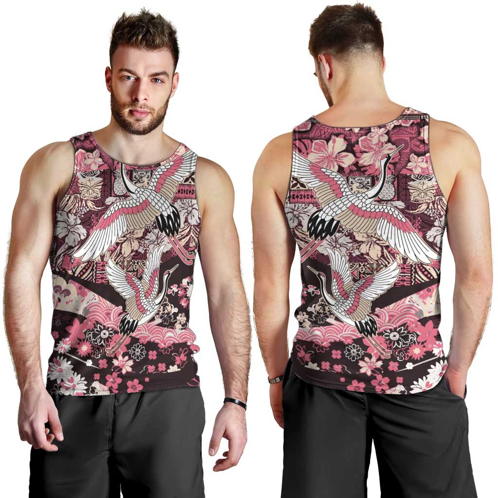 Japanese Hawaiian Crane Men Tank Top Soft Pink Tapa Patchwork Pattern LT9 - Polynesian Pride