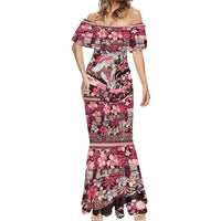 Japanese Hawaiian Crane Mermaid Dress Soft Pink Tapa Patchwork Pattern