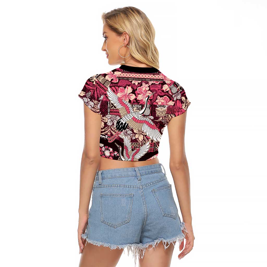 Japanese Hawaiian Crane Raglan Cropped T Shirt Soft Pink Tapa Patchwork Pattern LT9 - Polynesian Pride
