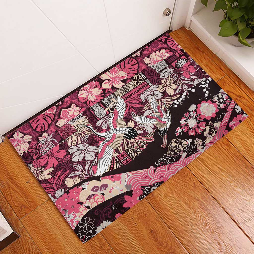 Japanese Hawaiian Crane Rubber Doormat Soft Pink Tapa Patchwork Pattern