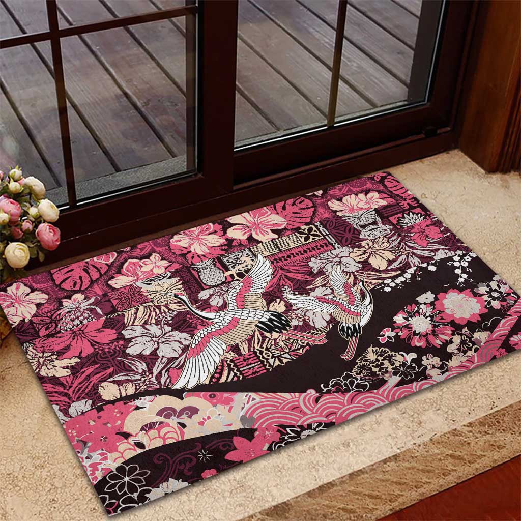 Japanese Hawaiian Crane Rubber Doormat Soft Pink Tapa Patchwork Pattern