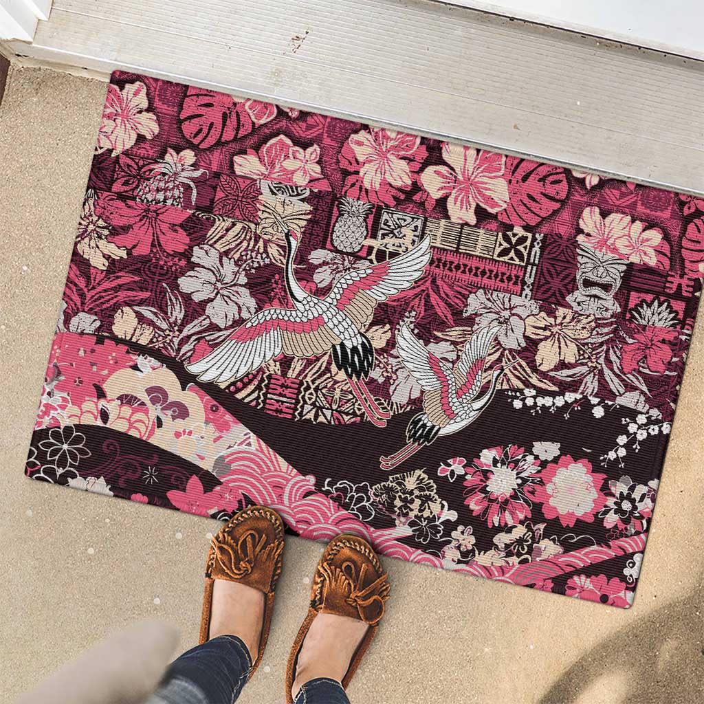 Japanese Hawaiian Crane Rubber Doormat Soft Pink Tapa Patchwork Pattern