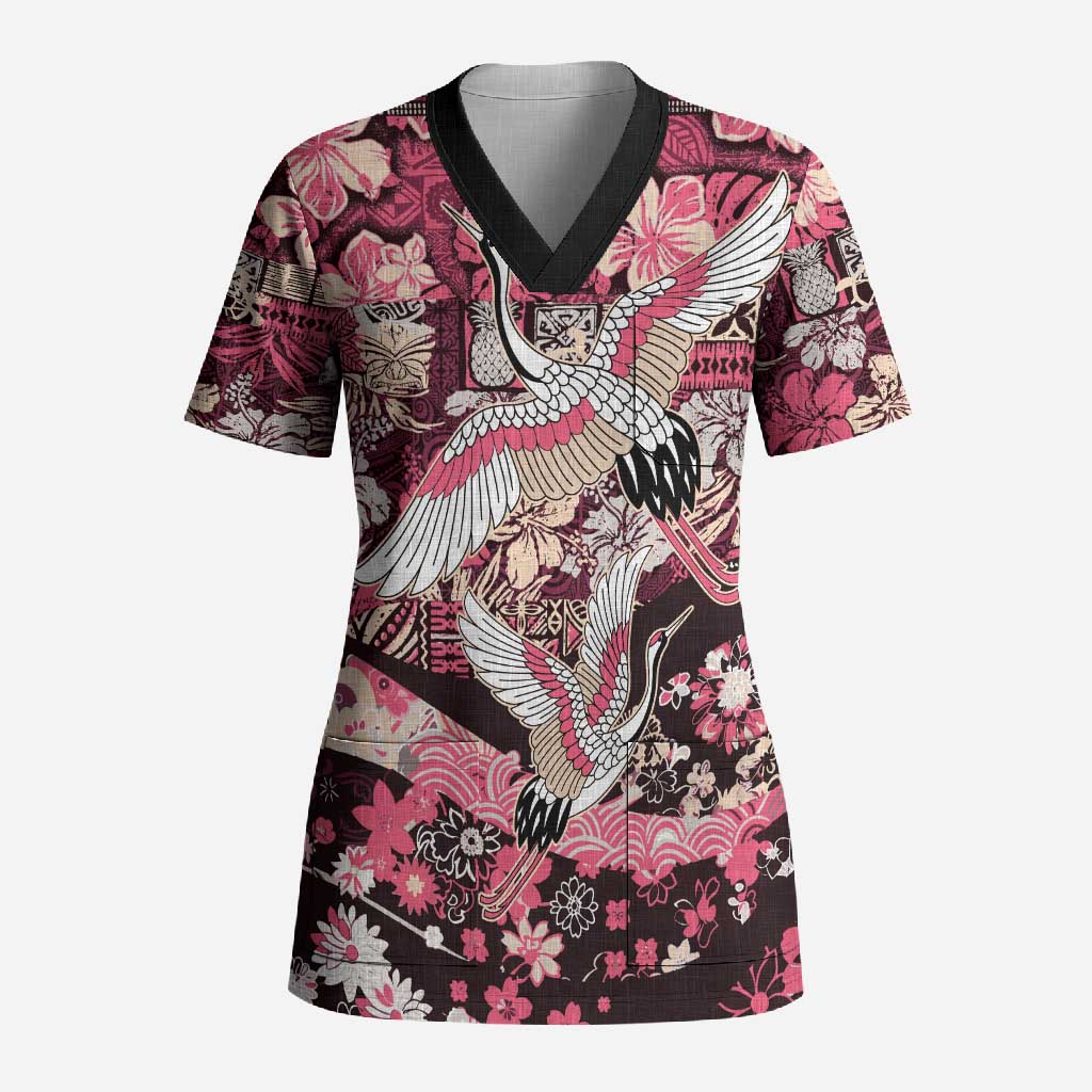Japanese Hawaiian Crane Scrub Top Soft Pink Tapa Patchwork Pattern