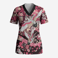 Japanese Hawaiian Crane Scrub Top Soft Pink Tapa Patchwork Pattern