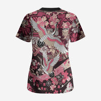 Japanese Hawaiian Crane Scrub Top Soft Pink Tapa Patchwork Pattern