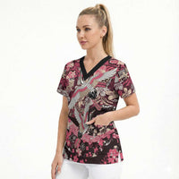 Japanese Hawaiian Crane Scrub Top Soft Pink Tapa Patchwork Pattern