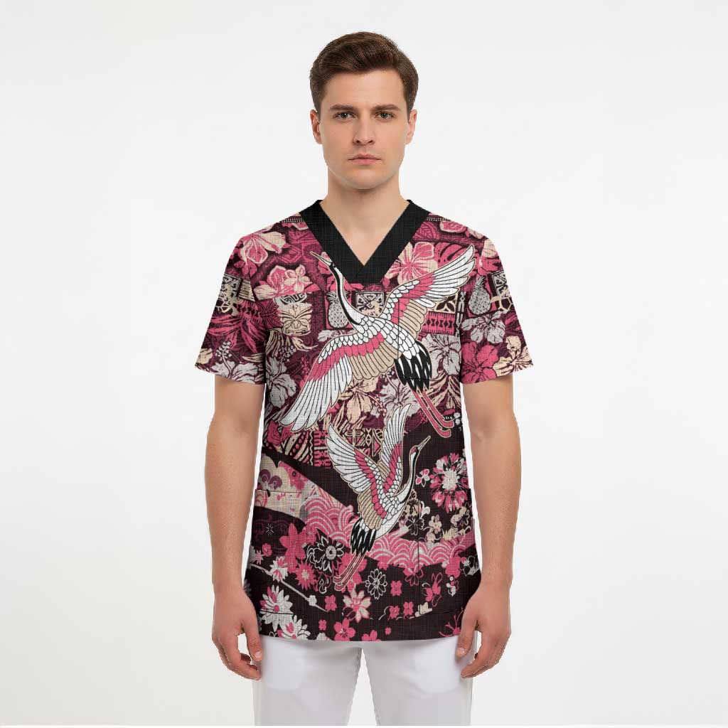 Japanese Hawaiian Crane Scrub Top Soft Pink Tapa Patchwork Pattern