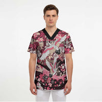 Japanese Hawaiian Crane Scrub Top Soft Pink Tapa Patchwork Pattern