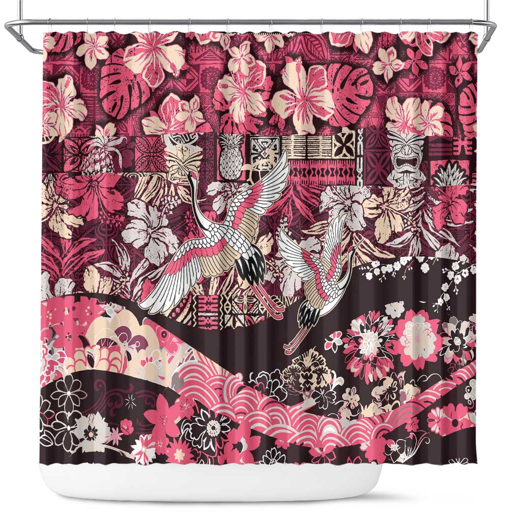 Japanese Hawaiian Crane Shower Curtain Soft Pink Tapa Patchwork Pattern LT9 Pink - Polynesian Pride