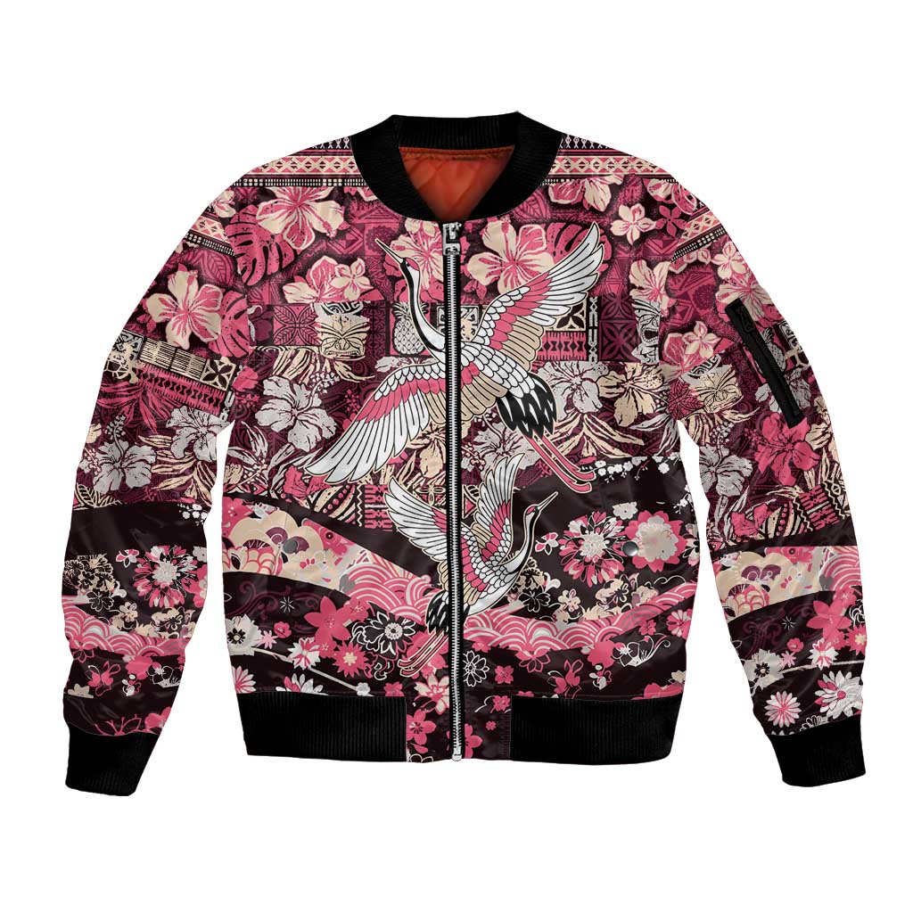 Japanese Hawaiian Crane Sleeve Zip Bomber Jacket Soft Pink Tapa Patchwork Pattern