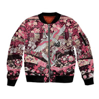 Japanese Hawaiian Crane Sleeve Zip Bomber Jacket Soft Pink Tapa Patchwork Pattern