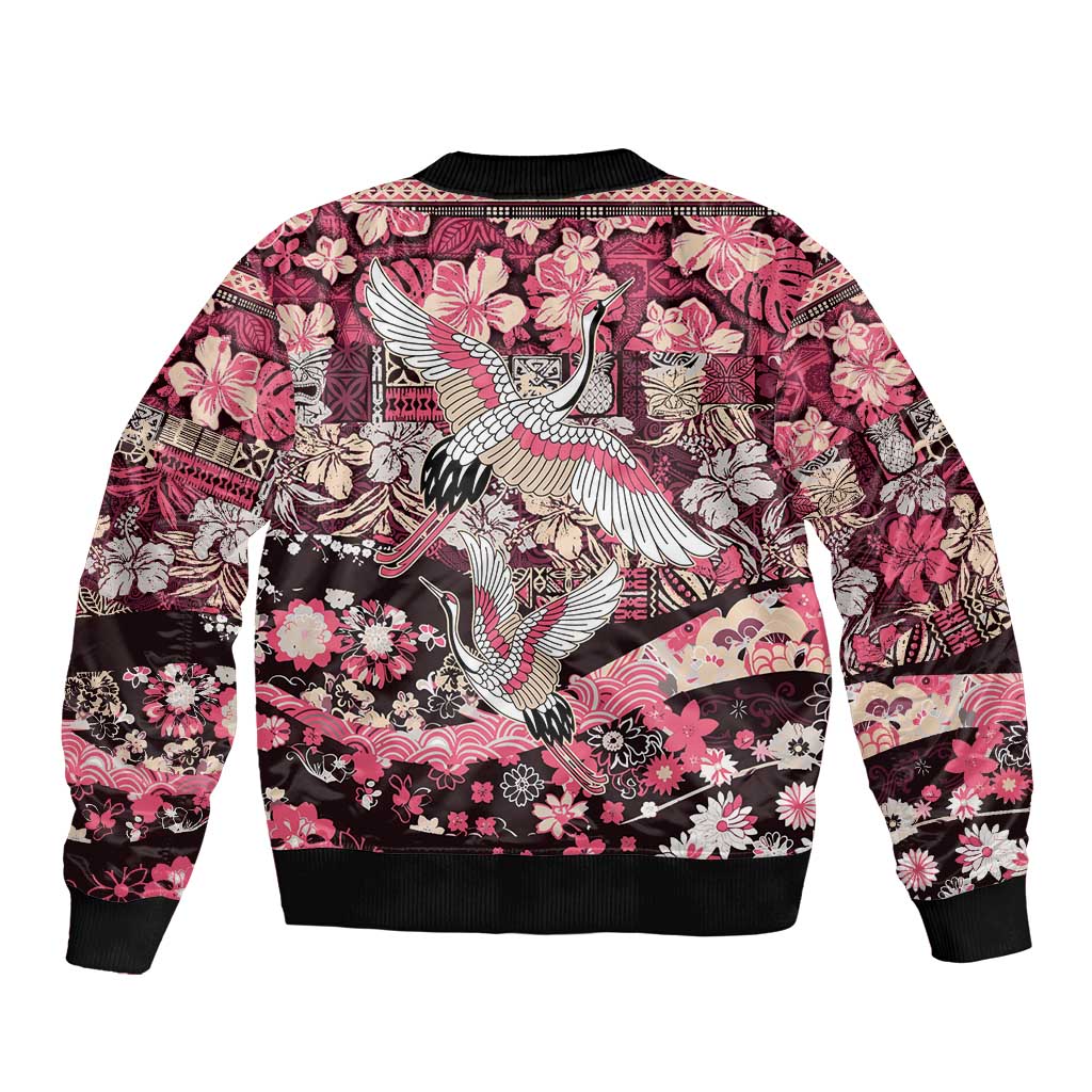 Japanese Hawaiian Crane Sleeve Zip Bomber Jacket Soft Pink Tapa Patchwork Pattern