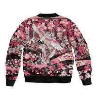 Japanese Hawaiian Crane Sleeve Zip Bomber Jacket Soft Pink Tapa Patchwork Pattern