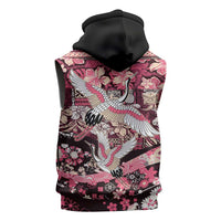Japanese Hawaiian Crane Sleeveless Hoodie Soft Pink Tapa Patchwork Pattern