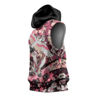 Japanese Hawaiian Crane Sleeveless Hoodie Soft Pink Tapa Patchwork Pattern