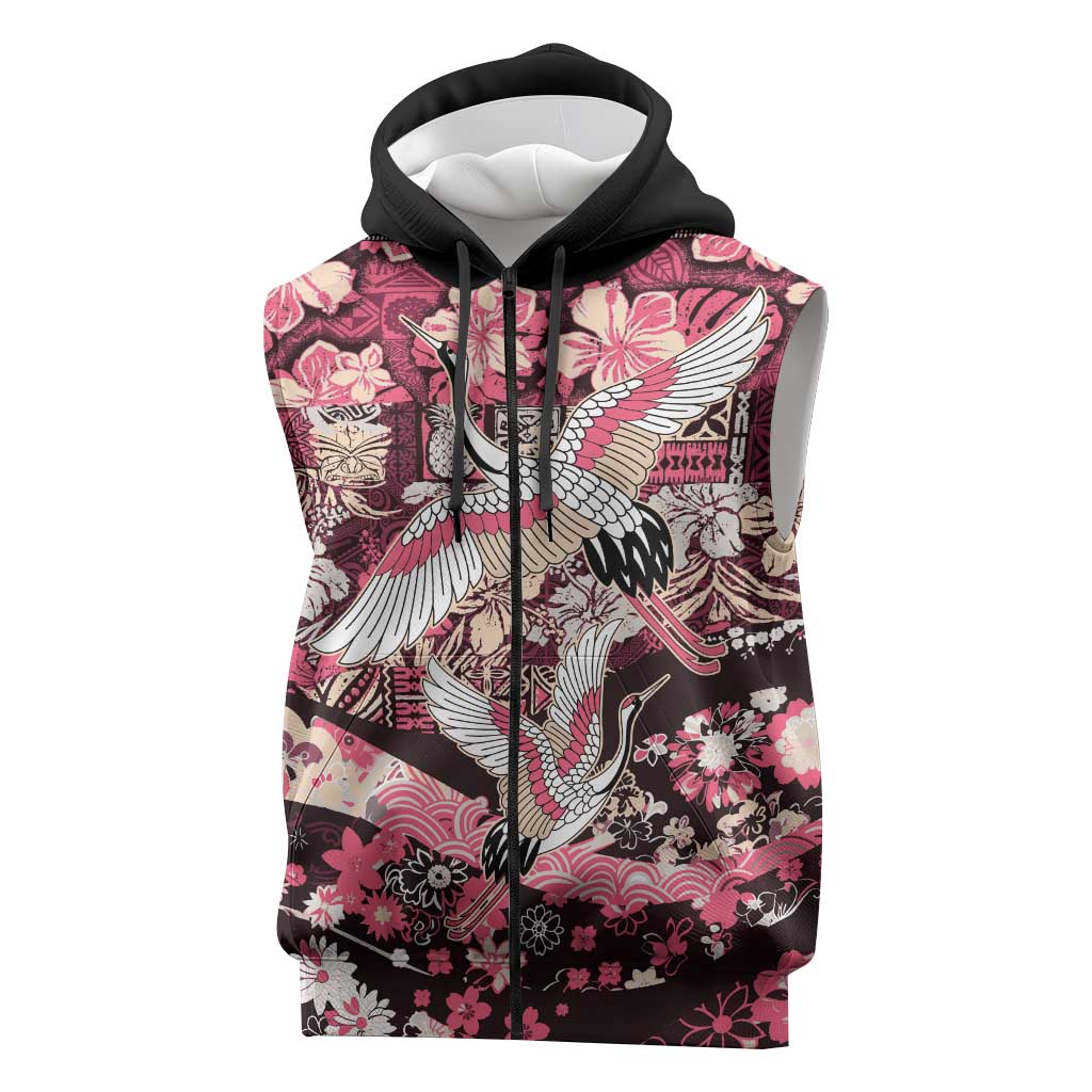 Japanese Hawaiian Crane Sleeveless Zip Hoodie Soft Pink Tapa Patchwork Pattern LT9 Pink - Polynesian Pride