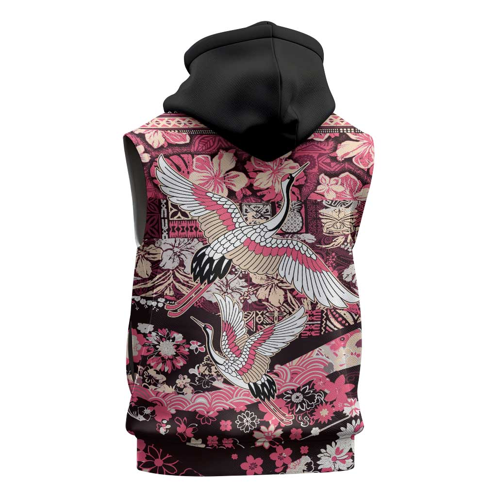 Japanese Hawaiian Crane Sleeveless Zip Hoodie Soft Pink Tapa Patchwork Pattern