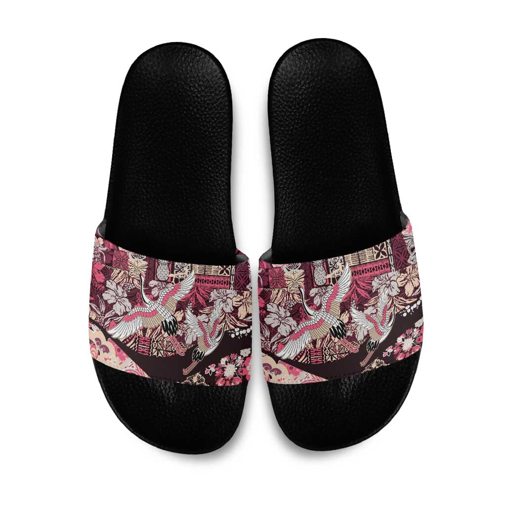 Japanese Hawaiian Crane Slide Sandals Soft Pink Tapa Patchwork Pattern LT9 Pink - Polynesian Pride