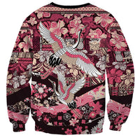 Japanese Hawaiian Crane Sweatshirt Soft Pink Tapa Patchwork Pattern