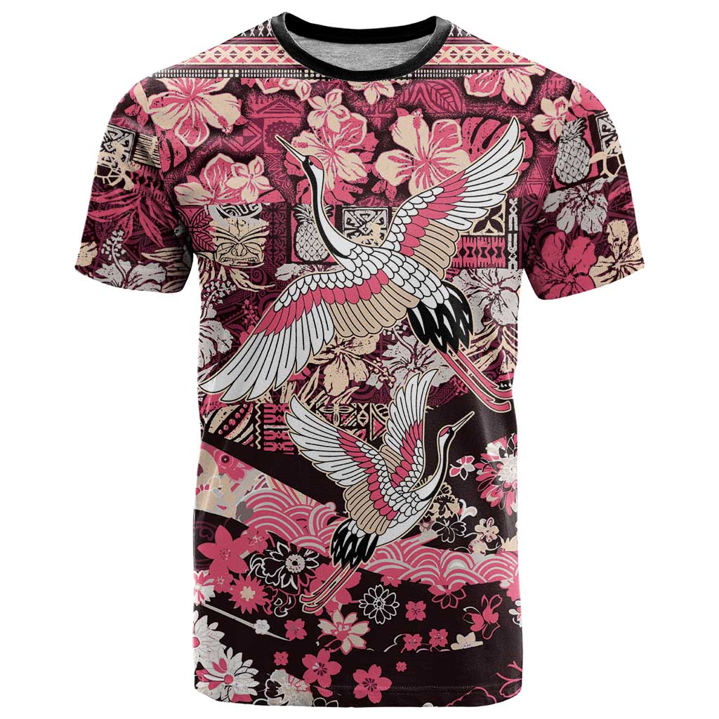 Japanese Hawaiian Crane T Shirt Soft Pink Tapa Patchwork Pattern