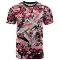 Japanese Hawaiian Crane T Shirt Soft Pink Tapa Patchwork Pattern