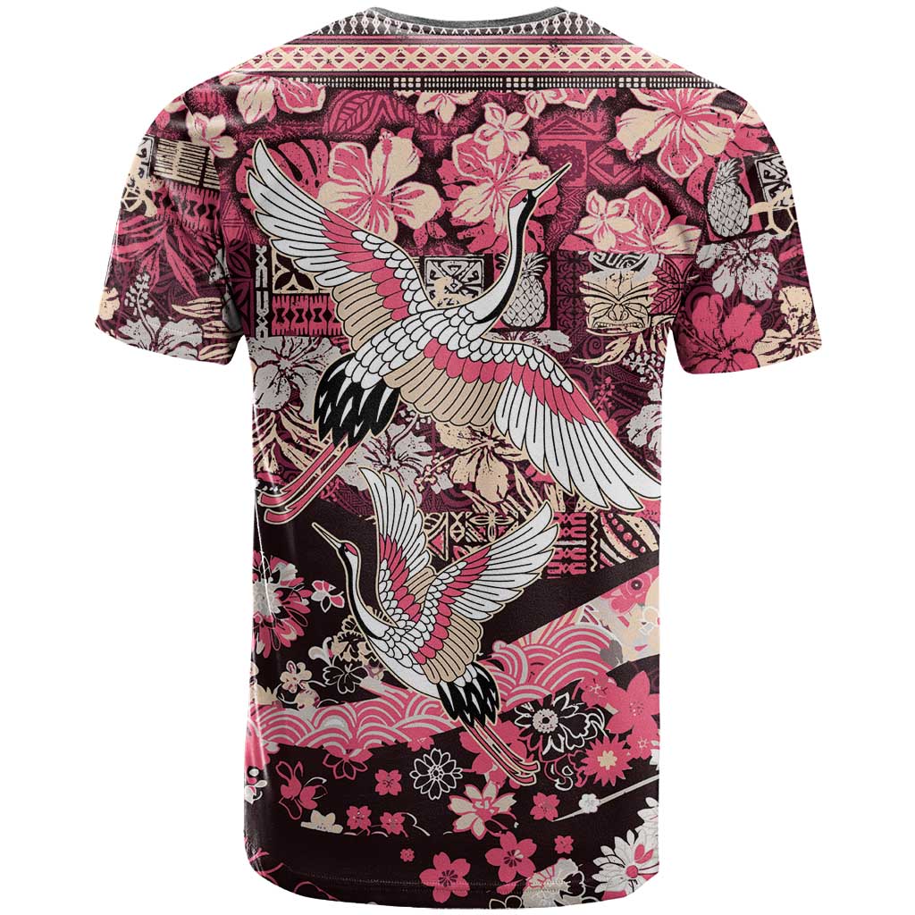 Japanese Hawaiian Crane T Shirt Soft Pink Tapa Patchwork Pattern