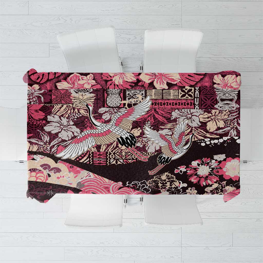 Japanese Hawaiian Crane Tablecloth Soft Pink Tapa Patchwork Pattern