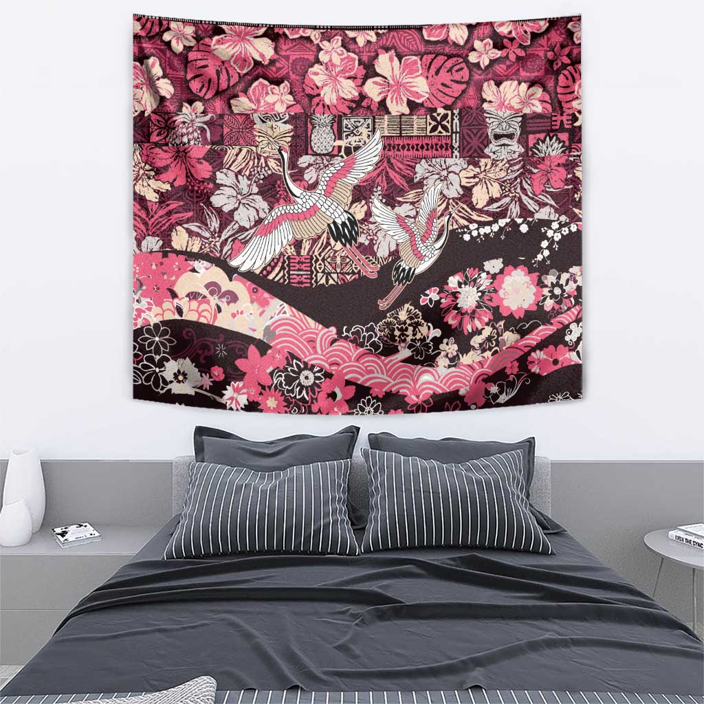 Japanese Hawaiian Crane Tapestry Soft Pink Tapa Patchwork Pattern
