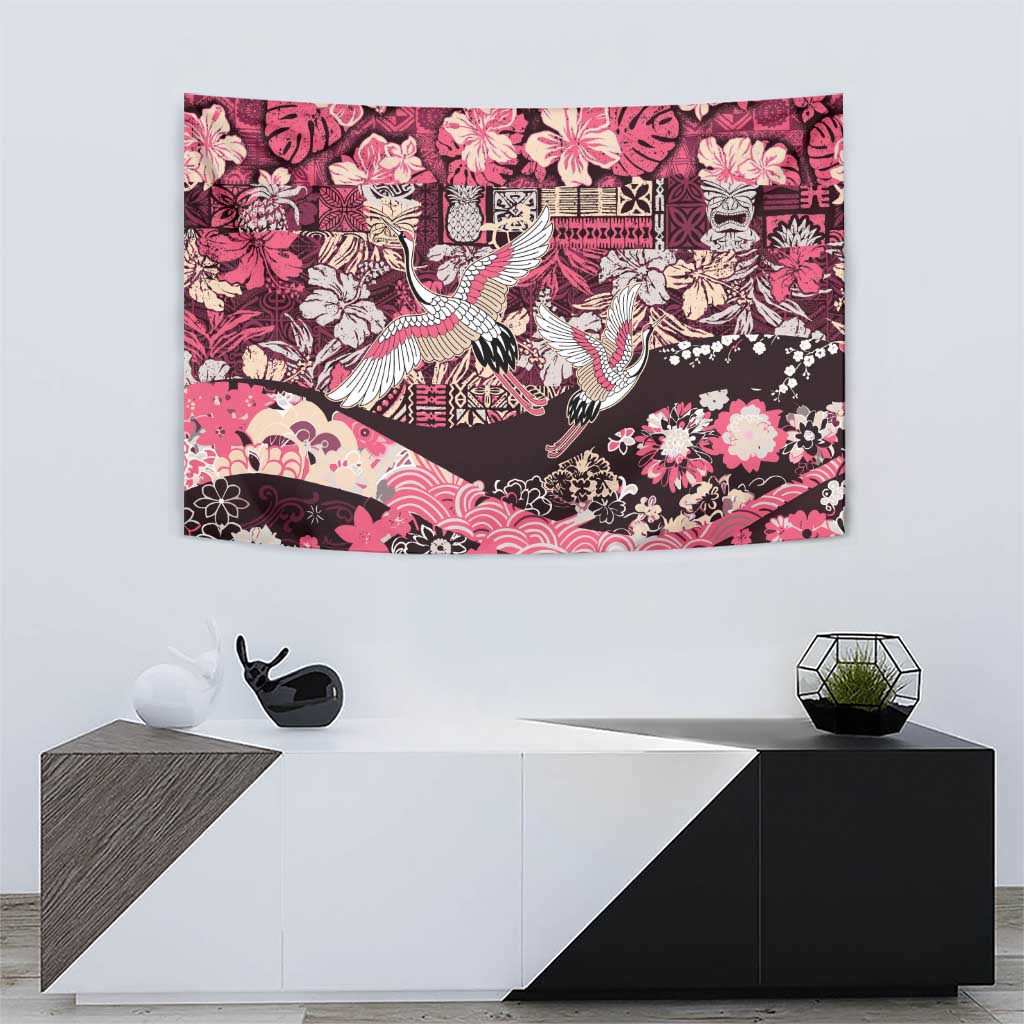 Japanese Hawaiian Crane Tapestry Soft Pink Tapa Patchwork Pattern
