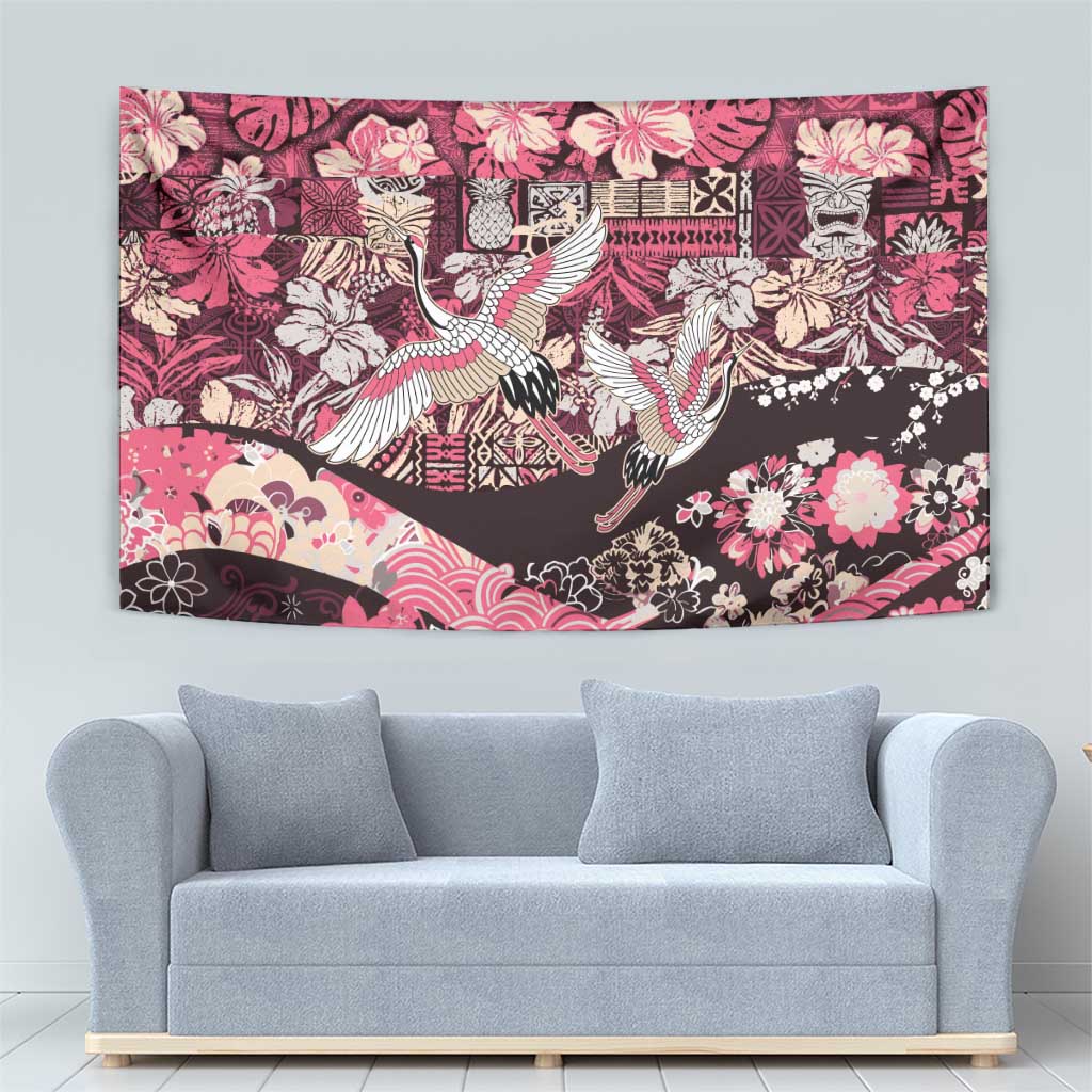 Japanese Hawaiian Crane Tapestry Soft Pink Tapa Patchwork Pattern