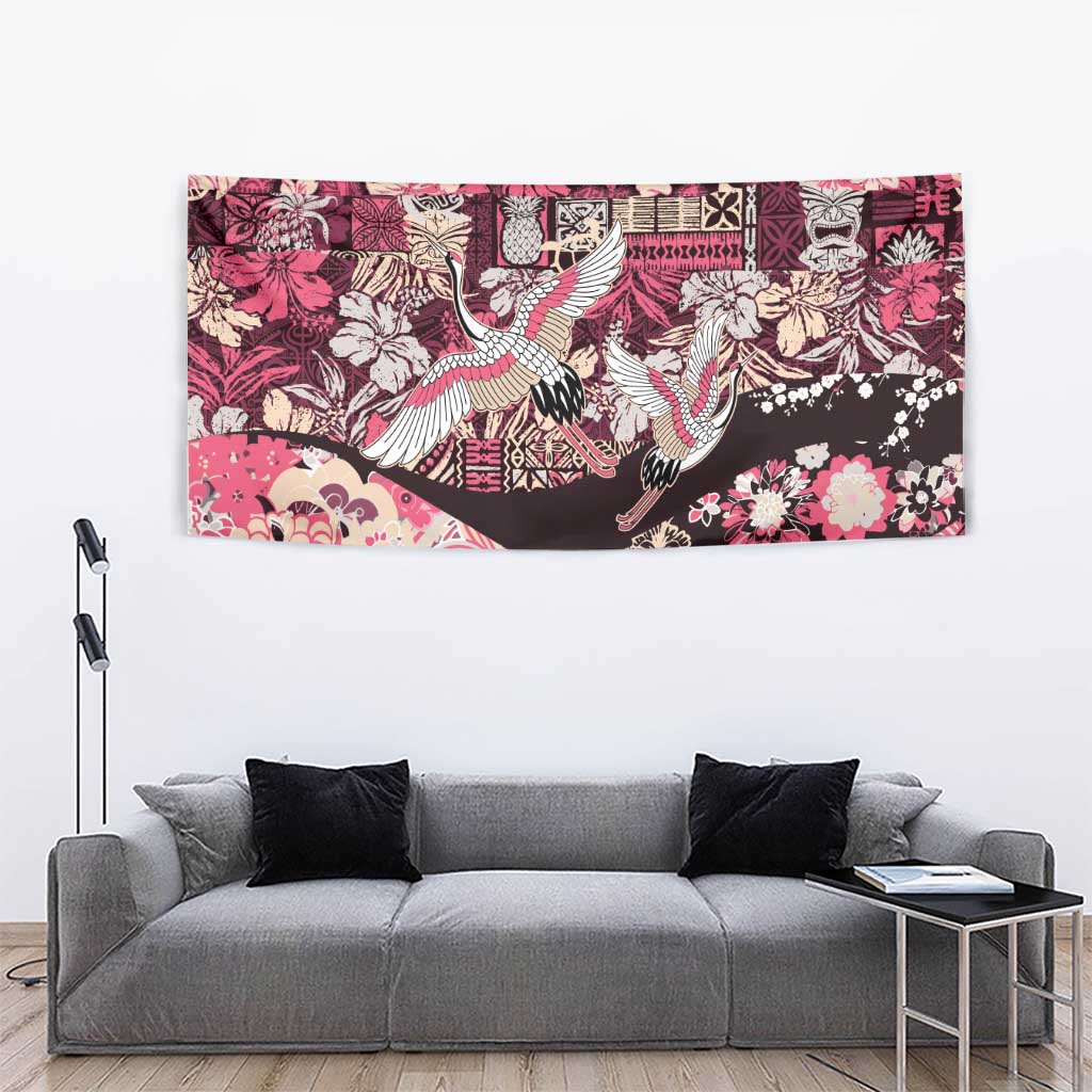 Japanese Hawaiian Crane Tapestry Soft Pink Tapa Patchwork Pattern