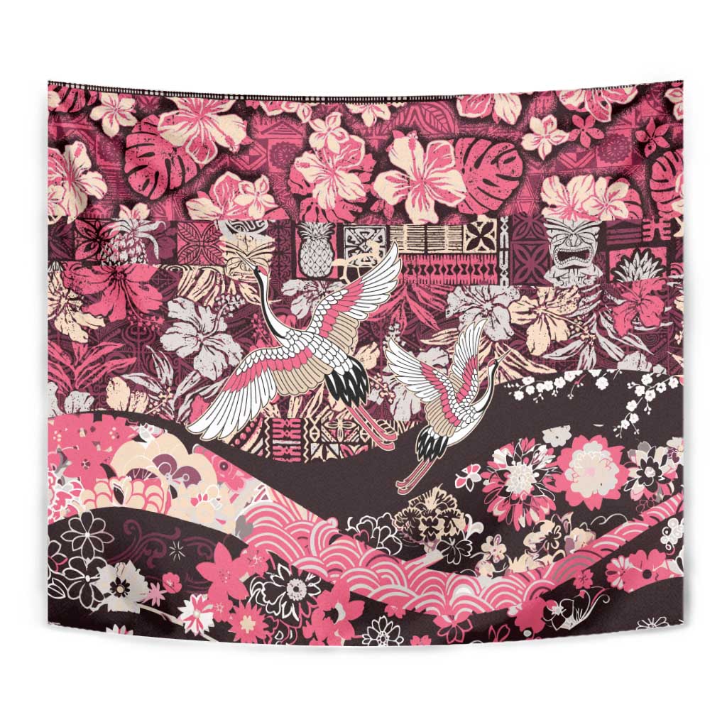 Japanese Hawaiian Crane Tapestry Soft Pink Tapa Patchwork Pattern