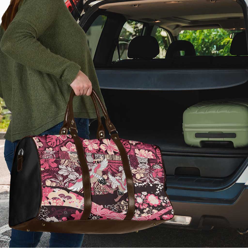Japanese Hawaiian Crane Travel Bag Soft Pink Tapa Patchwork Pattern LT9 - Polynesian Pride