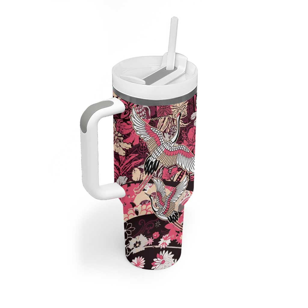 Japanese Hawaiian Crane Tumbler With Handle Soft Pink Tapa Patchwork Pattern