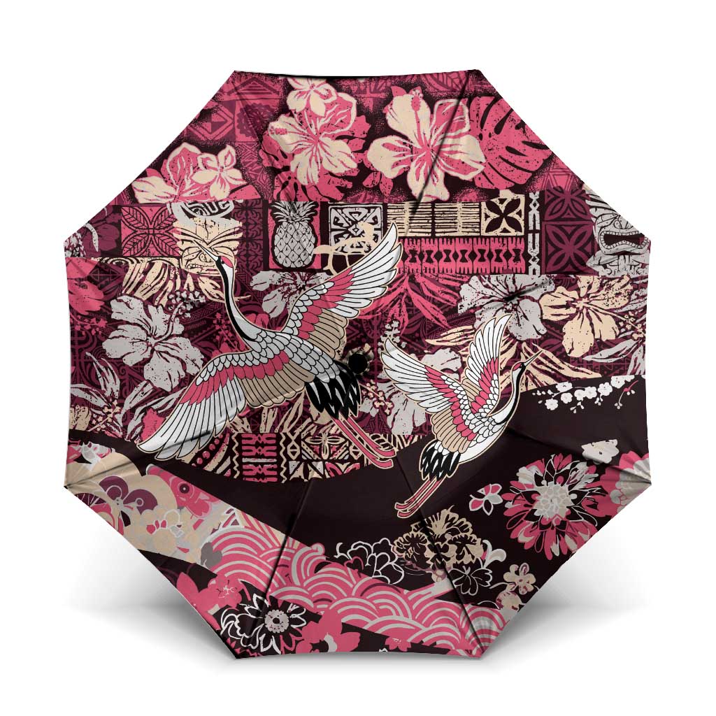 Japanese Hawaiian Crane Umbrella Soft Pink Tapa Patchwork Pattern LT9 One Size Folded 11.42 inch Opened Diameter 37.4 inch Pink - Polynesian Pride