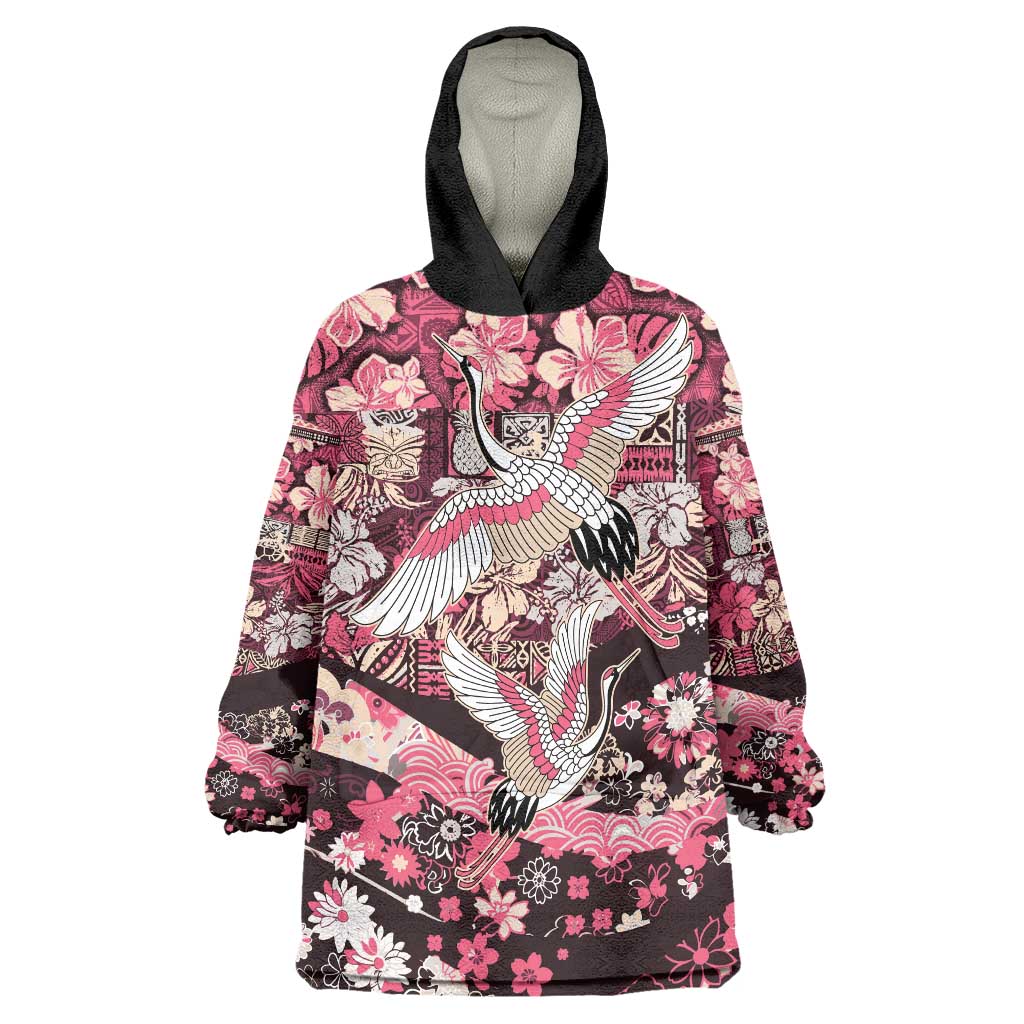 Japanese Hawaiian Crane Wearable Blanket Hoodie Soft Pink Tapa Patchwork Pattern